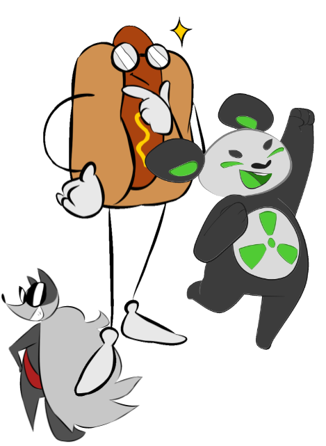 Trois mascottes de Fedora formant un groupe : Panda, Beefy (un hot-dog) et Badger. Panda fait la fête, Beefy pense à quelque chose et Badger porte des lunettes de soleil en ne regardant pas vers la caméra